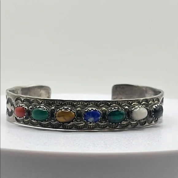 Native American VINTAGE Jerry Bahe Bracelet 6” Multi‎ Stone SSilver cuff 20.43g